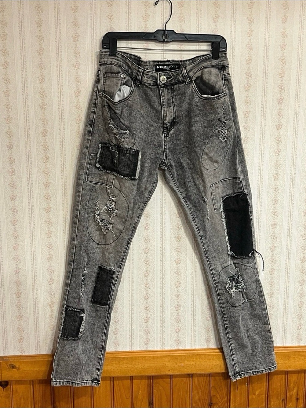 Distressed Patchwork Grey Slim Jeans